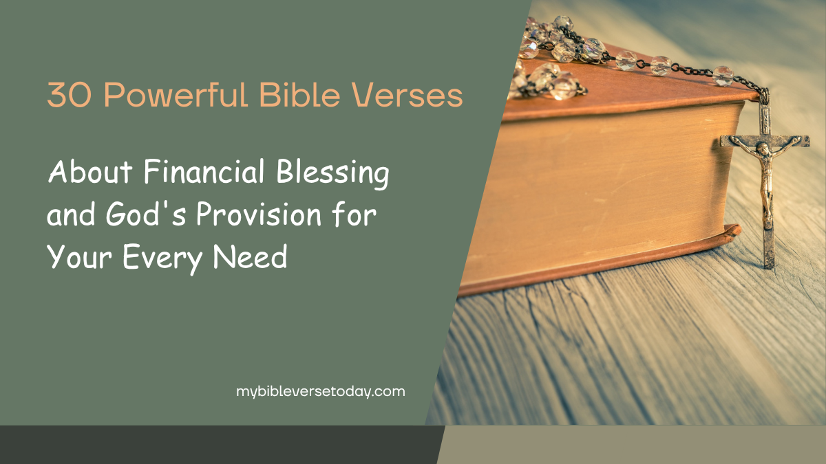 Bible verses about financial blessing with an open Bible, prayer, and symbols of God's provision